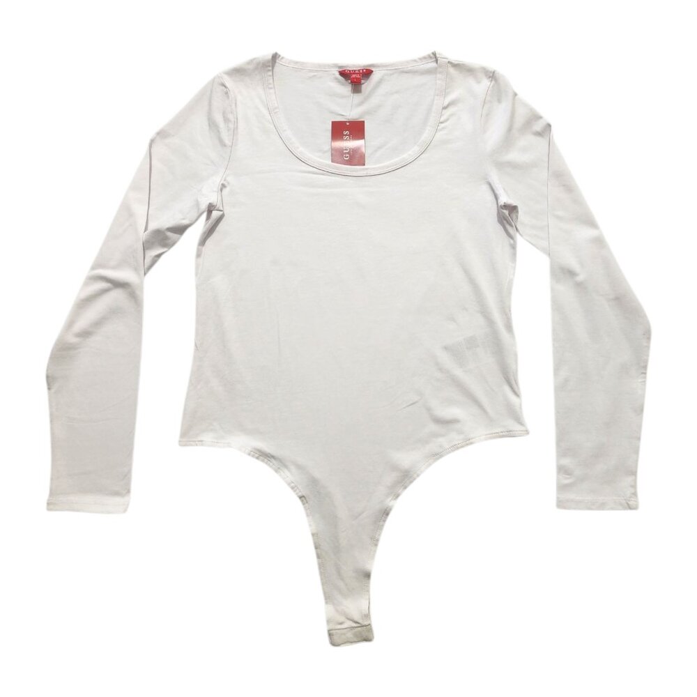 Guess Women's Long Sleeve Bodysuit Scoop Neck Stretch, Soft, White Size L